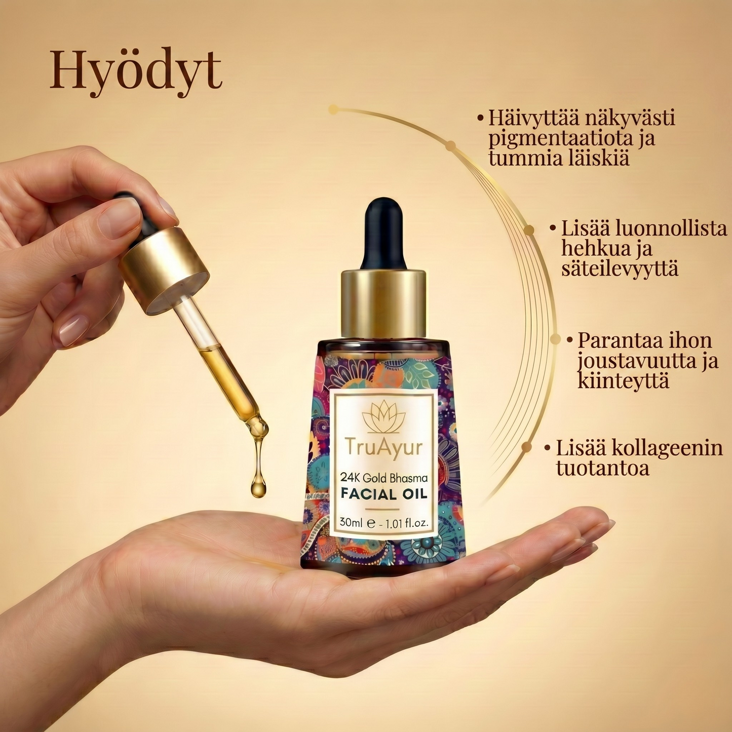 24 karaatin kultainen ayurvedinen kasvoöljy syväkosteutetulle, silkkisen pehmeälle ja säteilevälle iholle
