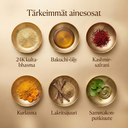 24 karaatin kultainen ayurvedinen ikääntymistä ehkäisevä yövoide bakuchiöljyllä, sahramilla ja kurkumalla