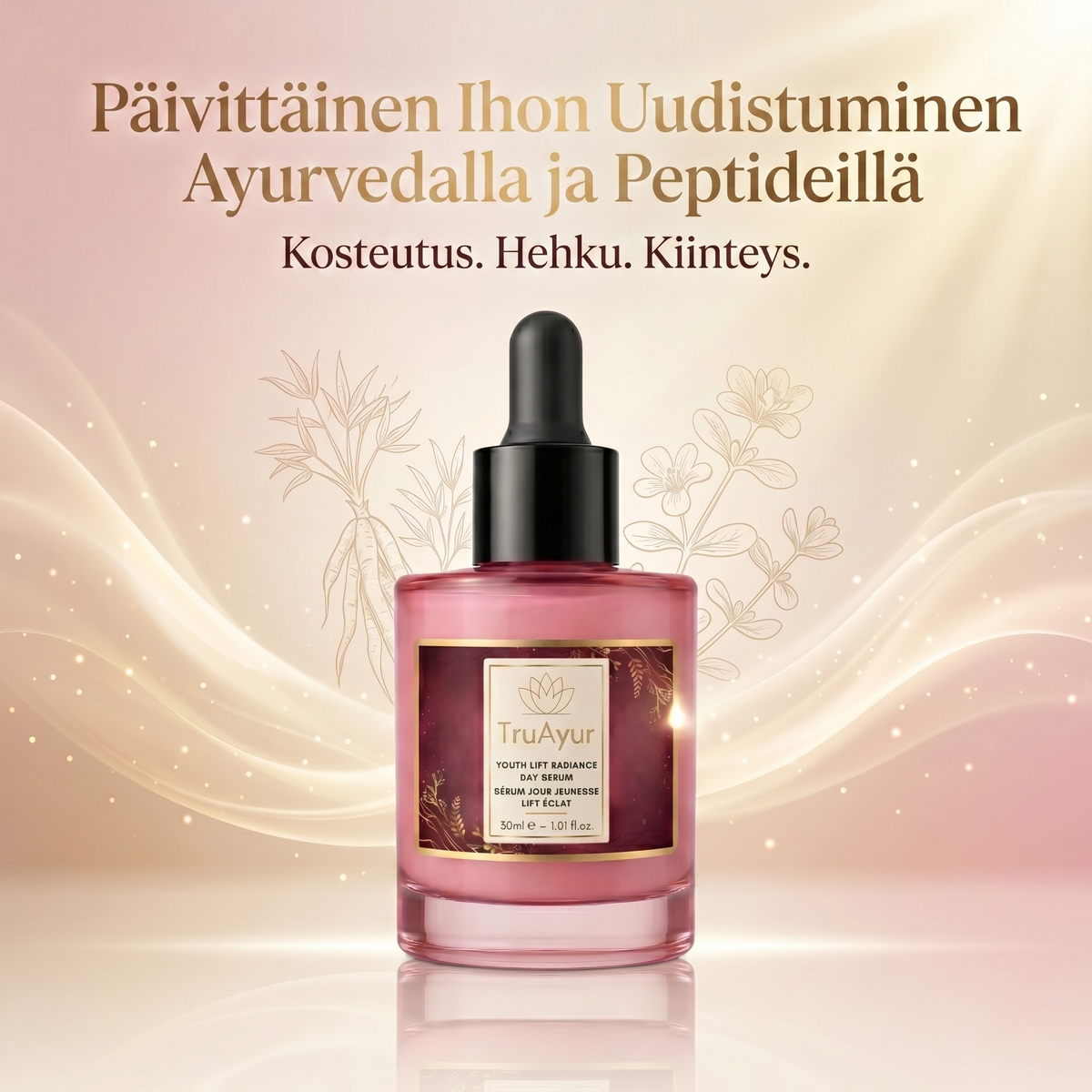 8-yrttiinen ayurvedinen hehkuva päiväseerumi Syn-Ake-peptidillä syväkosteutukseen, koko päivän hehkuun ja näkyvään kiinteytykseen