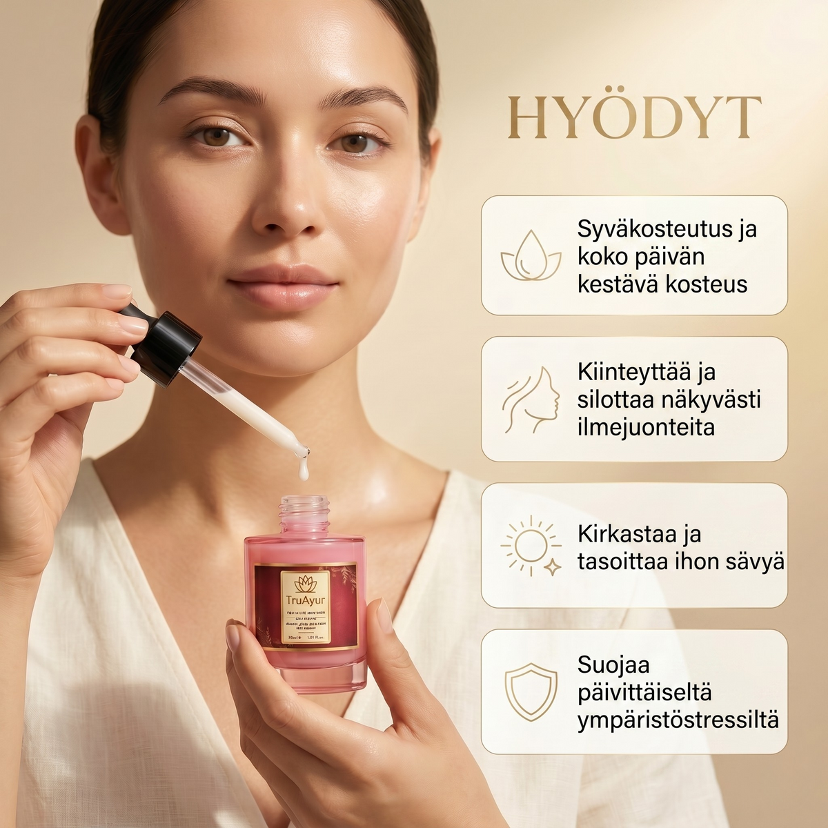 8-yrttiinen ayurvedinen hehkuva päiväseerumi Syn-Ake-peptidillä syväkosteutukseen, koko päivän hehkuun ja näkyvään kiinteytykseen
