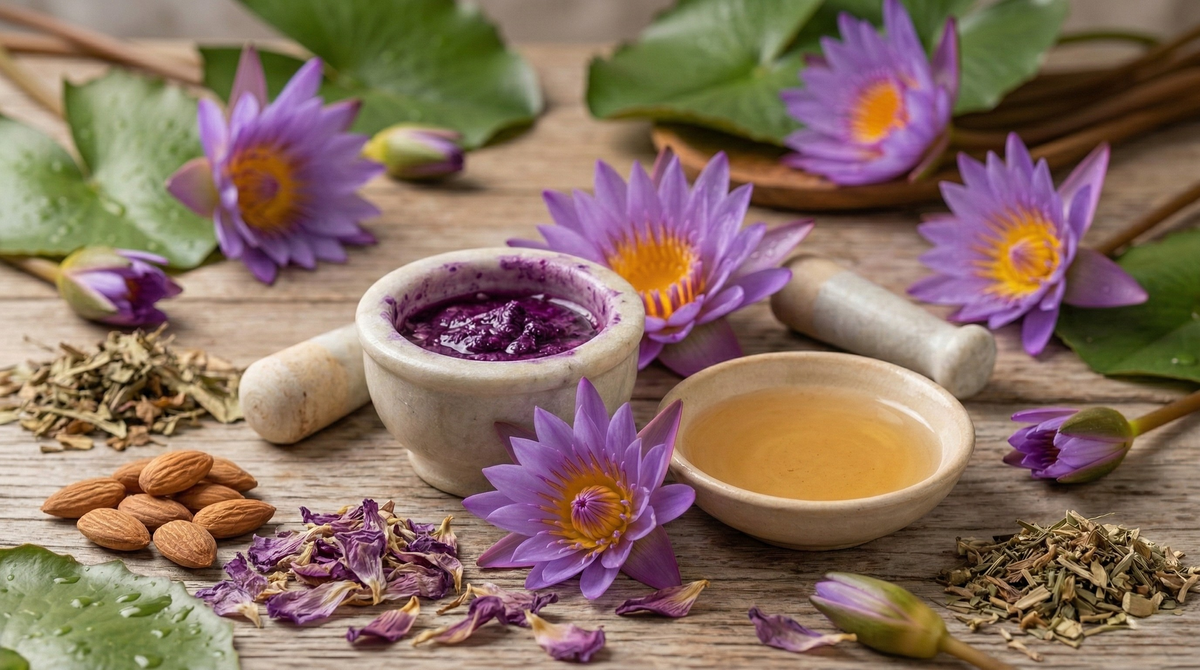 Herbal ingredients and flowers on a wooden surface