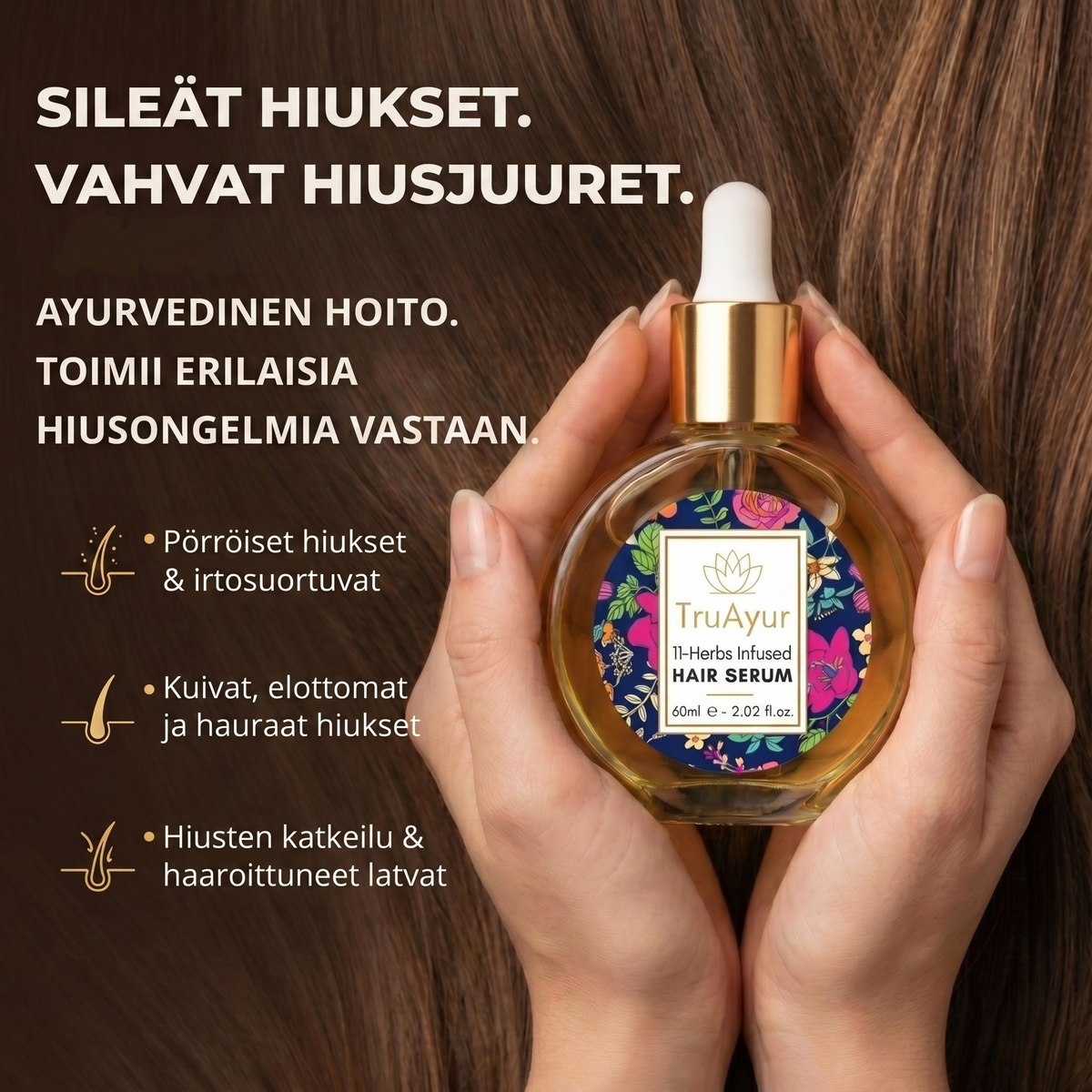 Ayurvedinen hiusseerumiöljy 11 yrtillä vahvemmille hiuksille, kesytetyille pörröisyyksille ja säteilevälle kiillolle