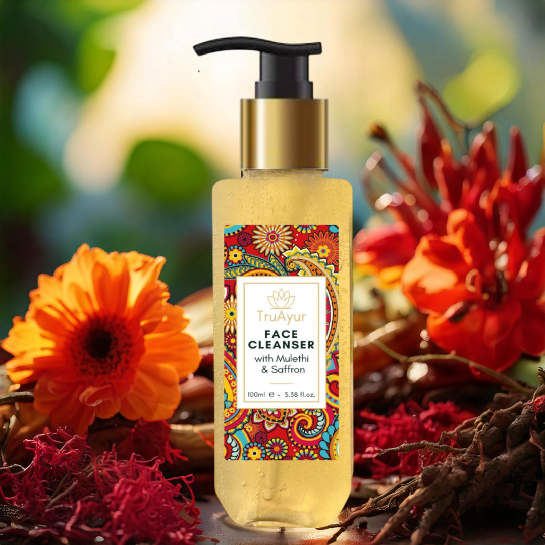 Ayurvedinen kasvojenpuhdistusaine Mulethilla ja sahramilla