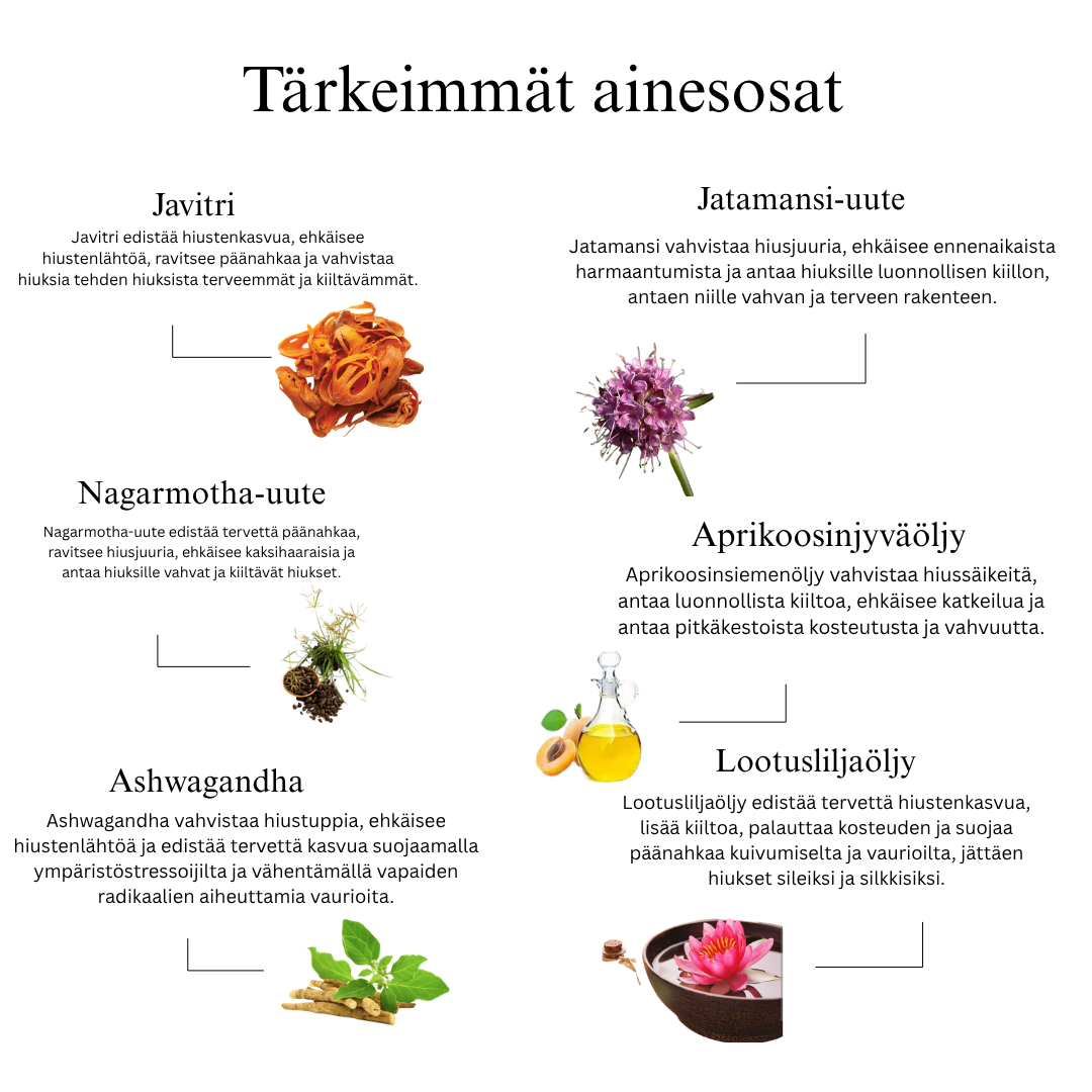 Ayurvedinen hiusseerumiöljy 11 yrtillä vahvemmille hiuksille, kesytetyille pörröisyyksille ja säteilevälle kiillolle