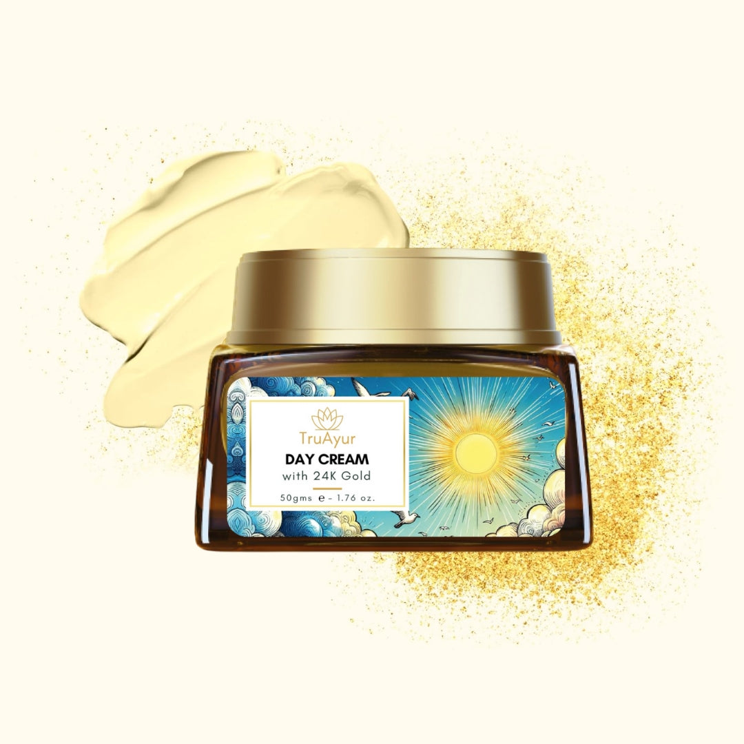 24 karaatin kultainen ayurvedinen kirkastava päivävoide, jossa on gotu kolaa, sahramia ja mulethia