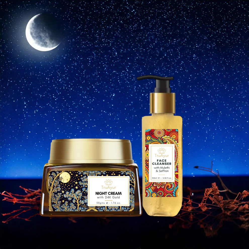 Saffron Glow -yörituaali (24 karaatin kultainen yövoide ja kasvojenpuhdistusaine)