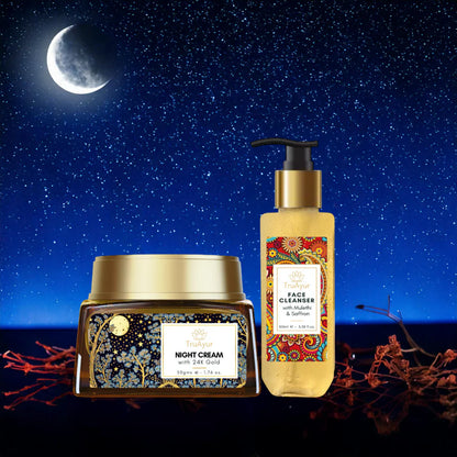 Saffron Glow -yörituaali (24 karaatin kultainen yövoide ja kasvojenpuhdistusaine)