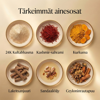 24 karaatin kultainen ayurvedinen kasvoöljy syväkosteutetulle, silkkisen pehmeälle ja säteilevälle iholle